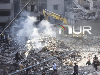 This picture shows the destruction at the site of an Israeli air strike in the Basta area, in Beirut, Lebanon, on October 11, 2024, amid the...