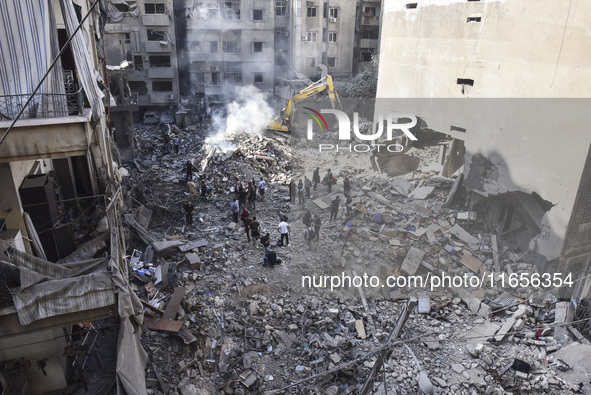 This picture shows the destruction at the site of an Israeli air strike in the Basta area, in Beirut, Lebanon, on October 11, 2024, amid the...