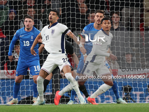 From left to right, Christos Zafeiris of Slavia Prague, Greece, Dominic Solanke of Tottenham Hotspur, England, and Ollie Watkins of Aston Vi...