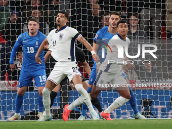 From left to right, Christos Zafeiris of Slavia Prague, Greece, Dominic Solanke of Tottenham Hotspur, England, and Ollie Watkins of Aston Vi...