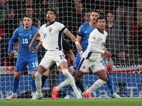 From left to right, Christos Zafeiris of Slavia Prague, Greece, Dominic Solanke of Tottenham Hotspur, England, and Ollie Watkins of Aston Vi...