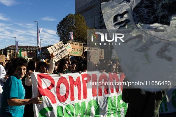 Protesters participate in the climate protest ''Fridays For Future'' in Turin, Italy, on October 11, 2024. The Fridays for the Future moveme...