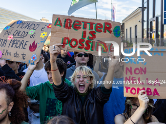 Protesters participate in the climate protest ''Fridays For Future'' in Turin, Italy, on October 11, 2024. The Fridays for the Future moveme...