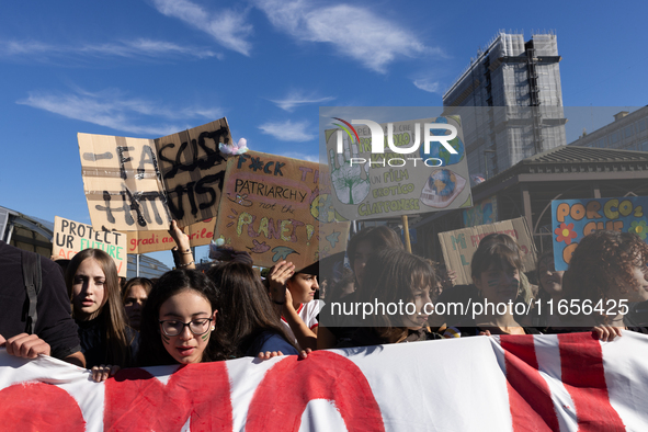 Protesters participate in the climate protest ''Fridays For Future'' in Turin, Italy, on October 11, 2024. The Fridays for the Future moveme...