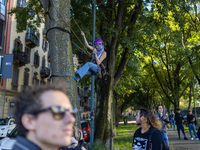 Protesters participate in the climate protest ''Fridays For Future'' in Turin, Italy, on October 11, 2024. The Fridays for the Future moveme...