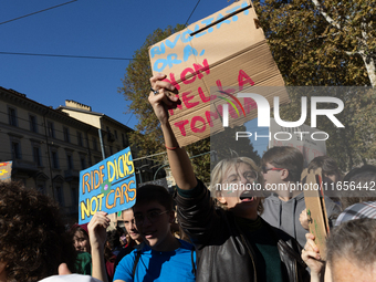 Protesters participate in the climate protest ''Fridays For Future'' in Turin, Italy, on October 11, 2024. The Fridays for the Future moveme...