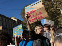 Protesters participate in the climate protest ''Fridays For Future'' in Turin, Italy, on October 11, 2024. The Fridays for the Future moveme...