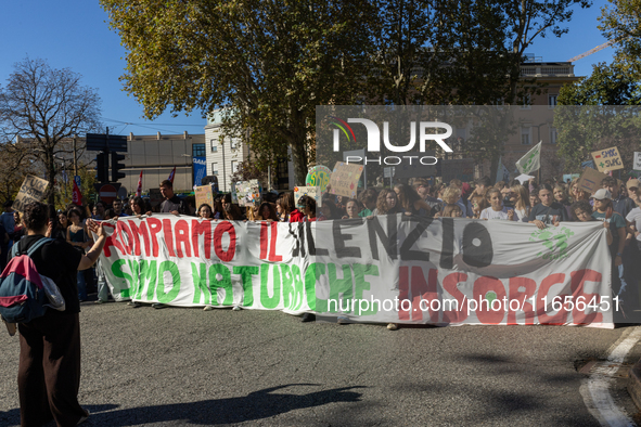 Protesters participate in the climate protest ''Fridays For Future'' in Turin, Italy, on October 11, 2024. The Fridays for the Future moveme...