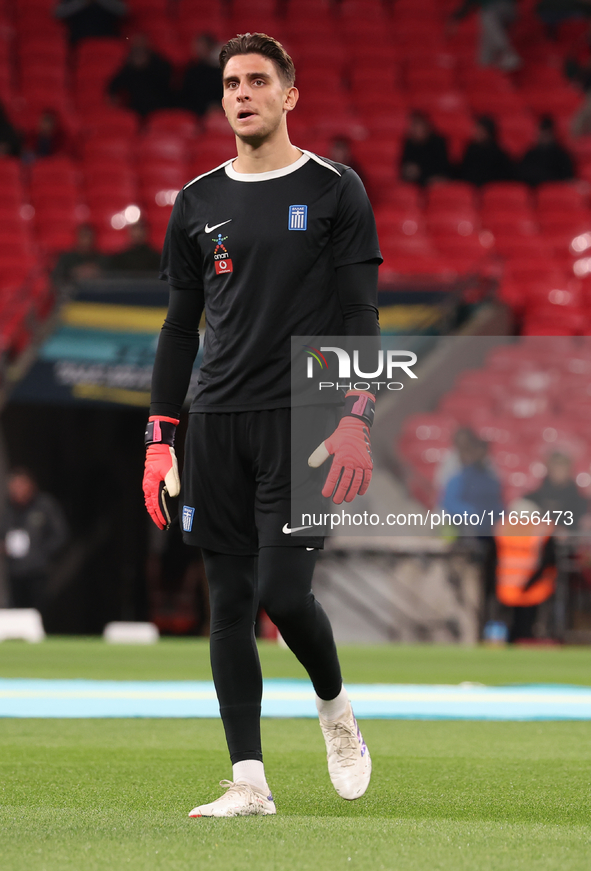 Kostas Tzolakis of Greece participates in the pre-match warm-up during the UEFA Nations League Group 2 match between England and Greece at W...