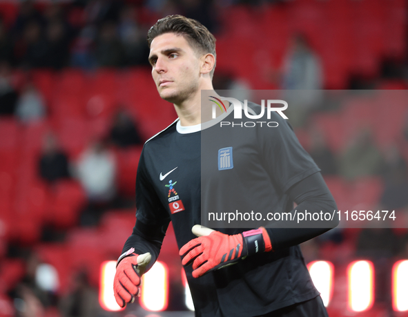 Kostas Tzolakis of Greece participates in the pre-match warm-up during the UEFA Nations League Group 2 match between England and Greece at W...