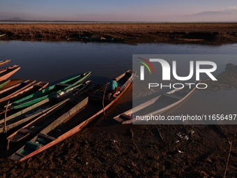 A boy from a fishing community removes water from a boat at Wular Lake in Sopore, Jammu and Kashmir, India, on October 11, 2024. (