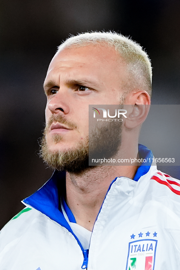 Federico Dimarco of Italy looks on during the UEFA Nations League 2024/25 League A Group A2 match between Italy and Belgium at Stadio Olimpi...