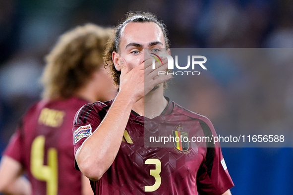 Arthur Theate of Belgium reacts during the UEFA Nations League 2024/25 League A Group A2 match between Italy and Belgium at Stadio Olimpico...