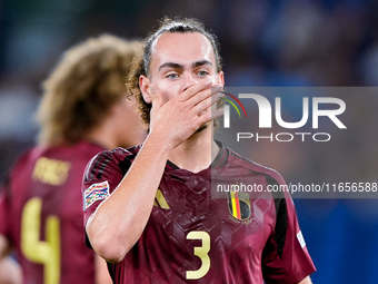 Arthur Theate of Belgium reacts during the UEFA Nations League 2024/25 League A Group A2 match between Italy and Belgium at Stadio Olimpico...