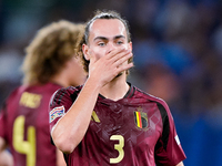 Arthur Theate of Belgium reacts during the UEFA Nations League 2024/25 League A Group A2 match between Italy and Belgium at Stadio Olimpico...