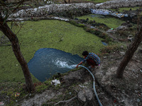 A boy drinks water from a pipe near a pond on the banks of Wular Lake in Sopore, Jammu and Kashmir, India, on October 11, 2024. (