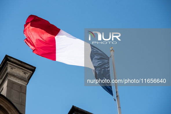 The French flag is above the Elysee Palace, home of President Emmanuel Macron, during the visit of Ukrainian President Volodymyr Zelensky in...