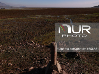 The water level of Wular Lake decreases, posing a threat to the livelihood of residents living around the lake in Sopore, Jammu and Kashmir,...