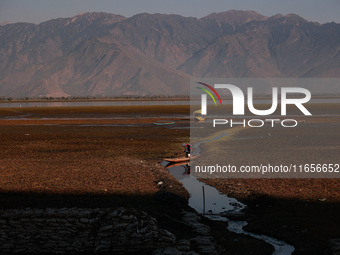 The water level of Wular Lake decreases, posing a threat to the livelihood of residents living around the lake in Sopore, Jammu and Kashmir,...