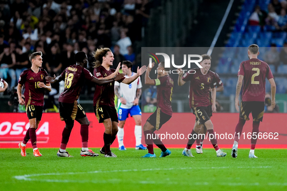 Maxim De Cuyper of Belgium celebrates after scoring first goal during the UEFA Nations League 2024/25 League A Group A2 match between Italy...