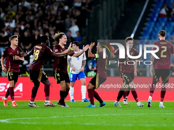 Maxim De Cuyper of Belgium celebrates after scoring first goal during the UEFA Nations League 2024/25 League A Group A2 match between Italy...