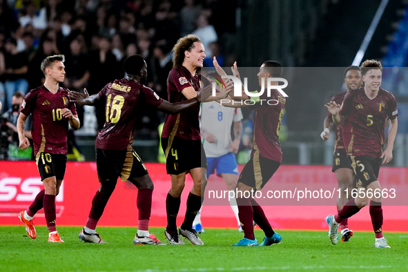 Maxim De Cuyper of Belgium celebrates after scoring first goal during the UEFA Nations League 2024/25 League A Group A2 match between Italy...