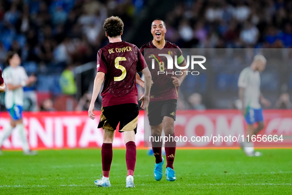 Maxim De Cuyper of Belgium celebrates after scoring first goal during the UEFA Nations League 2024/25 League A Group A2 match between Italy...