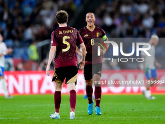 Maxim De Cuyper of Belgium celebrates after scoring first goal during the UEFA Nations League 2024/25 League A Group A2 match between Italy...