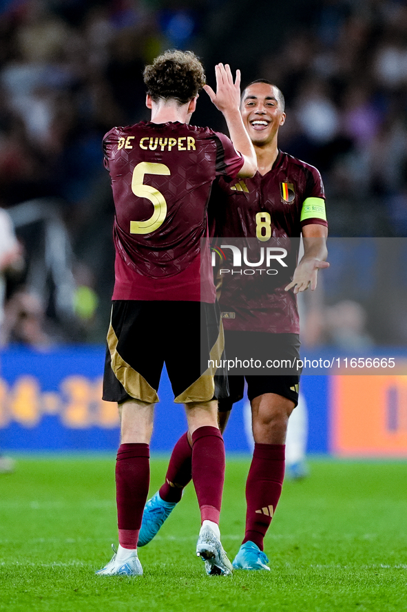 Maxim De Cuyper of Belgium celebrates after scoring first goal during the UEFA Nations League 2024/25 League A Group A2 match between Italy...