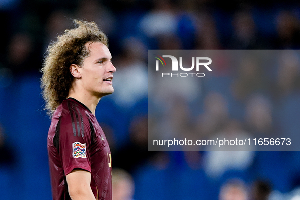 Wout Faes of Belgium looks on during the UEFA Nations League 2024/25 League A Group A2 match between Italy and Belgium at Stadio Olimpico on...