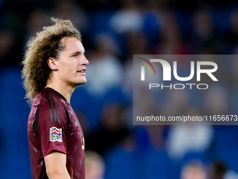 Wout Faes of Belgium looks on during the UEFA Nations League 2024/25 League A Group A2 match between Italy and Belgium at Stadio Olimpico on...