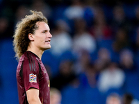 Wout Faes of Belgium looks on during the UEFA Nations League 2024/25 League A Group A2 match between Italy and Belgium at Stadio Olimpico on...