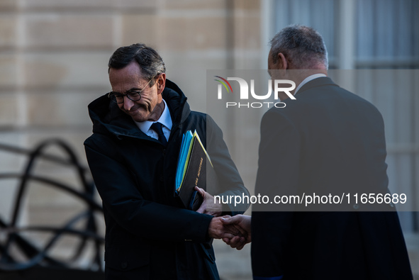 Interior Minister Bruno Retailleau is at the Elysee Palace for the Council of Ministers in Paris, France, on October 10, 2024. 