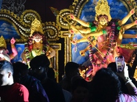 Hindu devotees visit a Puja Mandap during the Durga Puja festival in Dhaka, Bangladesh, on October 10, 2024. (