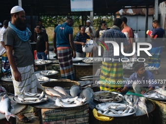 People gather at a wholesale fish market early in the morning near the Padma River in Mawa, Munshiganj, Bangladesh, on October 11, 2024. The...