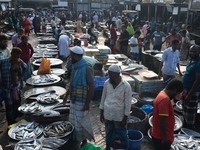 People gather at a wholesale fish market early in the morning near the Padma River in Mawa, Munshiganj, Bangladesh, on October 11, 2024. The...