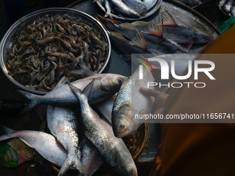 Traders exchange Hilsa fish at a wholesale fish market early in the morning near the Padma River in Mawa, Munshiganj, Bangladesh, on October...