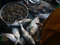 Traders exchange Hilsa fish at a wholesale fish market early in the morning near the Padma River in Mawa, Munshiganj, Bangladesh, on October...