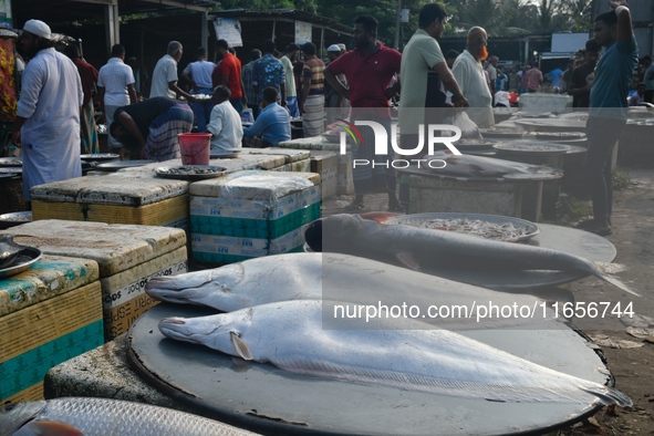 People gather at a wholesale fish market early in the morning near the Padma River in Mawa, Munshiganj, Bangladesh, on October 11, 2024. The...