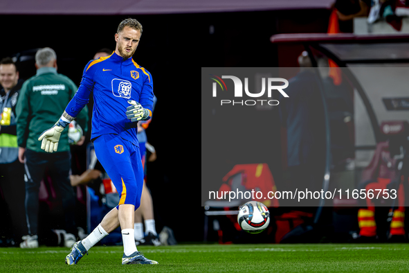 Netherlands goalkeeper Mark Flekken participates in the match between Hungary and the Netherlands at the Puskas Arena for the UEFA Nations L...