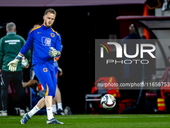 Netherlands goalkeeper Mark Flekken participates in the match between Hungary and the Netherlands at the Puskas Arena for the UEFA Nations L...