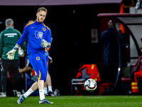 Netherlands goalkeeper Mark Flekken participates in the match between Hungary and the Netherlands at the Puskas Arena for the UEFA Nations L...