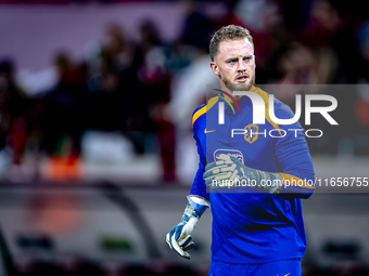 Netherlands goalkeeper Mark Flekken participates in the match between Hungary and the Netherlands at the Puskas Arena for the UEFA Nations L...