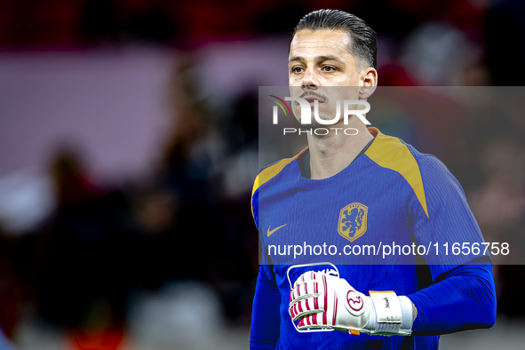 Netherlands goalkeeper Nick Olij participates in the match between Hungary and the Netherlands at the Puskas Arena for the UEFA Nations Leag...