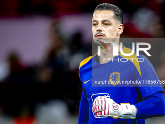 Netherlands goalkeeper Nick Olij participates in the match between Hungary and the Netherlands at the Puskas Arena for the UEFA Nations Leag...