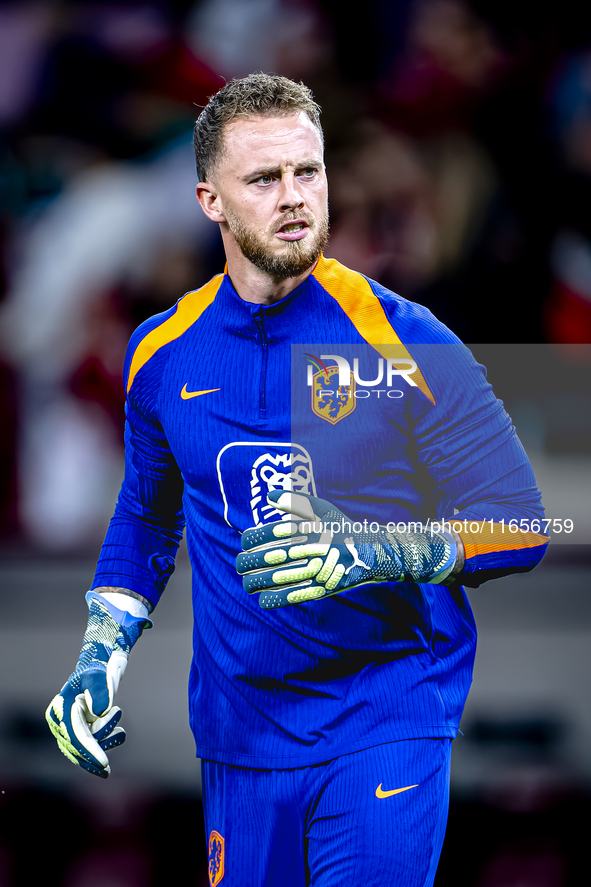 Netherlands goalkeeper Mark Flekken participates in the match between Hungary and the Netherlands at the Puskas Arena for the UEFA Nations L...