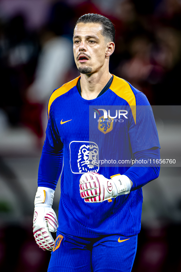 Netherlands goalkeeper Nick Olij participates in the match between Hungary and the Netherlands at the Puskas Arena for the UEFA Nations Leag...