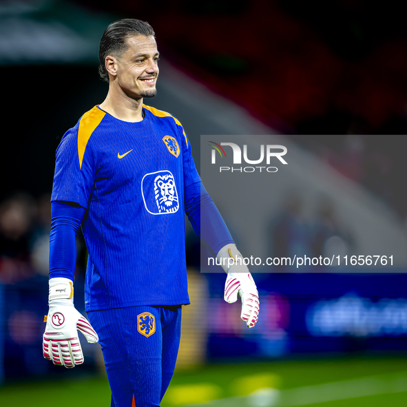 Netherlands goalkeeper Nick Olij participates in the match between Hungary and the Netherlands at the Puskas Arena for the UEFA Nations Leag...