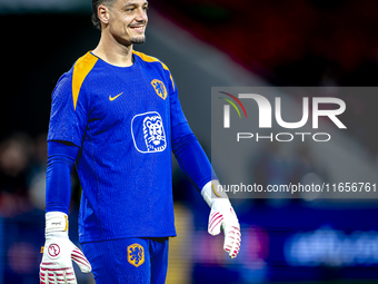 Netherlands goalkeeper Nick Olij participates in the match between Hungary and the Netherlands at the Puskas Arena for the UEFA Nations Leag...