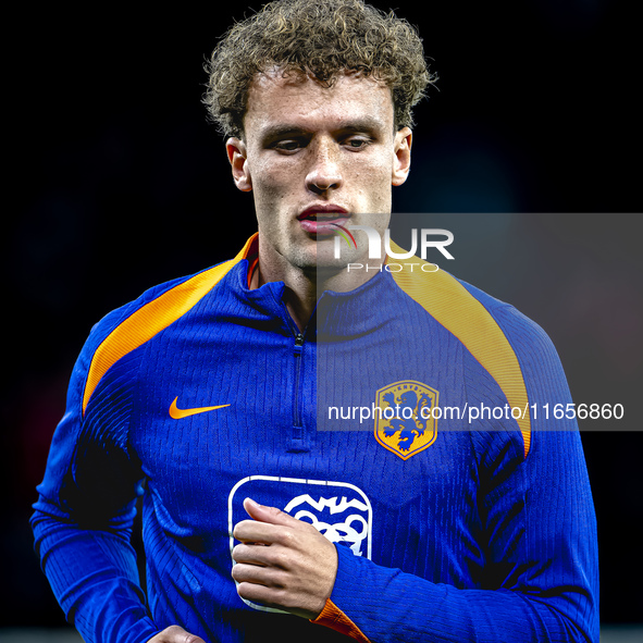 Netherlands midfielder Mats Wieffer plays during the match between Hungary and the Netherlands at the Puskas Arena for the UEFA Nations Leag...